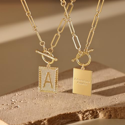 Tewiky Gold Initial Necklaces for Women, Square Letter Pendant Necklace | Toggle Clasp，Trendy 14K Gold Plated Dainty Paperclip Chain Necklaces for Women，Jewelry Gifts - style: Gold A