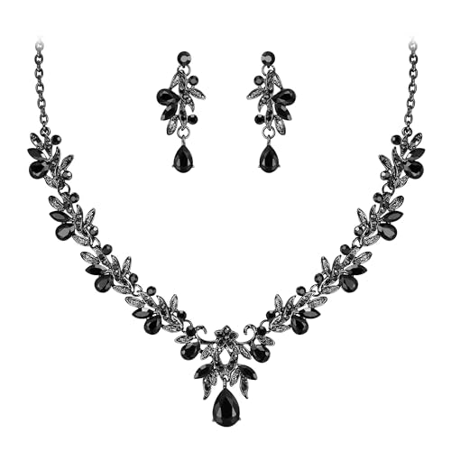 Women's Wedding Jewelry Set Leaf Flower for Bridal Prom Party | Stunning Crystal Teardrop Marquise Cluster Pendant Necklace Dangle Earrings Set for Bride Bridesmaid - color: Black Black-Tone