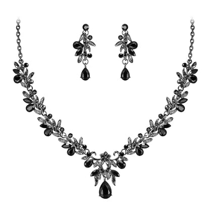 Women's Wedding Jewelry Set Leaf Flower for Bridal Prom Party | Stunning Crystal Teardrop Marquise Cluster Pendant Necklace Dangle Earrings Set for Bride Bridesmaid - color: Black Black-Tone
