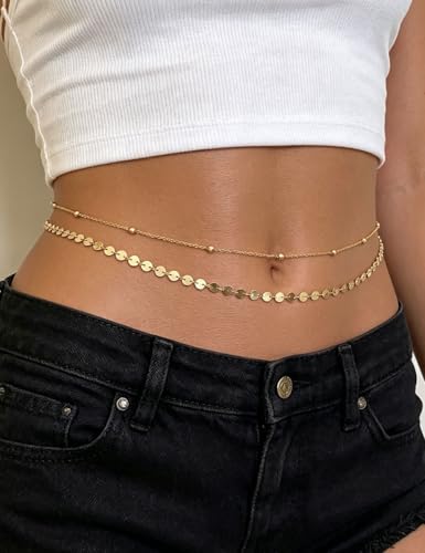 Gold Starfish Waist Chain for Women 18k Gold Plated Belly Chain Belt Layered Seashell Pearl Conch Beads Sequin Satellite Body Chains Sexy Bikini Summer Vacation Beach Jewelry Adjustable - color: 8 Pcs Gold