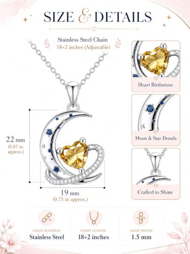 Birthstone Necklace for Women White Gold Moon and Star Pendant Moon Jewelry Anniversary Birthday Gifts for Mom Wife Her - color: 11. November - Citrine