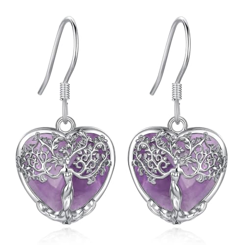 AEONSLOVE Tree of Life Crystal Earrings with Sterling Silver Ear Hooks, Dangle Drop Tree Earrings Gifts for Women - style: A01-Amethyst-Heart
