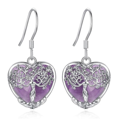 AEONSLOVE Tree of Life Crystal Earrings with Sterling Silver Ear Hooks, Dangle Drop Tree Earrings Gifts for Women - style: A01-Amethyst-Heart