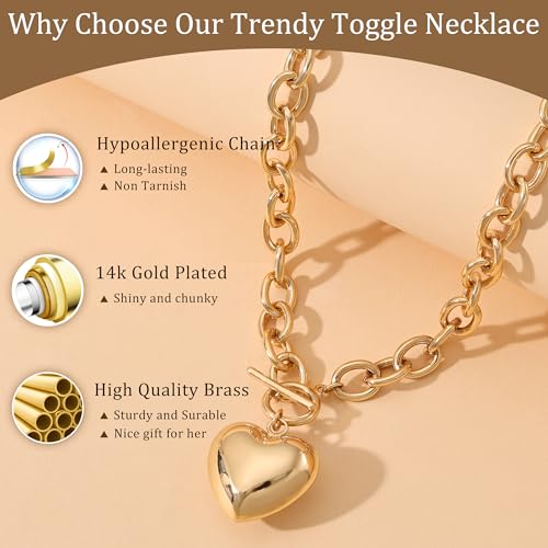 CHESKY 14K Gold Plated Chunky Necklace for Women, Trendy Toggle Clasp | Statement Pendant Necklace, Layered Paperclip Chain, Toggle Clasp Design, Thick Gold Chain, Non Tarnish Everyday Jewelry - color: gold, style: heart