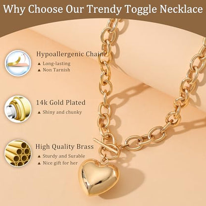 CHESKY 14K Gold Plated Chunky Necklace for Women, Trendy Toggle Clasp | Statement Pendant Necklace, Layered Paperclip Chain, Toggle Clasp Design, Thick Gold Chain, Non Tarnish Everyday Jewelry - color: gold, style: heart