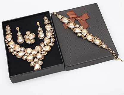 Women's Wedding Bridal Austrian Crystal Glass Teardrop Statement Necklace Dangle Earrings Bracelet Ring Wedding Party Jewelry Set for Bridal Bridesmaid - color: Champagne-Gold Plated
