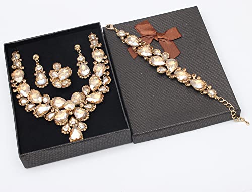 Women's Wedding Bridal Austrian Crystal Glass Teardrop Statement Necklace Dangle Earrings Bracelet Ring Wedding Party Jewelry Set for Bridal Bridesmaid - color: Champagne-Gold Plated