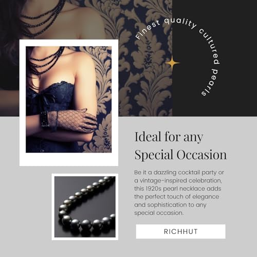 Women's Long Pearl Necklace - Natural Cultured Pearls - Luxurious 8mm Strand Pearls - 1920s Timeless Elegance - Great for Wives, Girlfriends, Sisters, and Besties - Length 60In/71In - color: Midnight Black, size: 60In