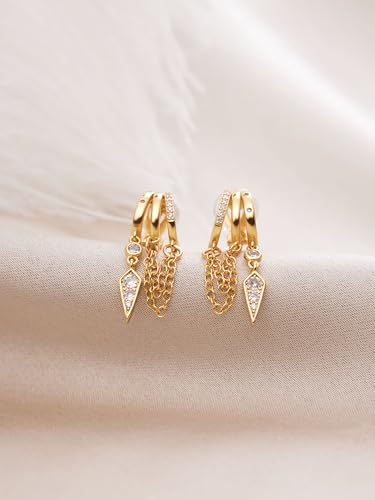 FAN&LOUIS Gold Clip On Earrings for Women, 24K Gold Plated Trendy Triple Huggie Hypoallergenic Non Pierced Earrings Dainty Dangle Chains Drop Painless Lightweight Clip-On Earrings