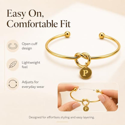 LemonRose Initial Bracelets for Women - Dainty Tie the Knot Letter A-Z 14K Gold Plated for Women Gold Cuff Bracelet for Womens Jewelry Personalized Bridesmaid Proposal Gifts - color: Gold P