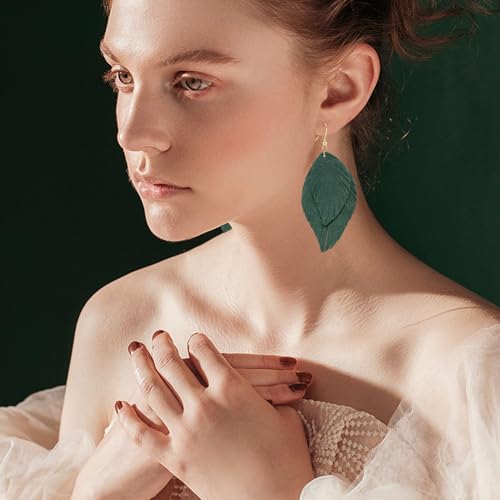 Genuine Leather Handmade Fringe Feather Lightweight Dangle Drop Earrings Teardrop Tassel Hook Earrings for Women - style: 2 Grass Green