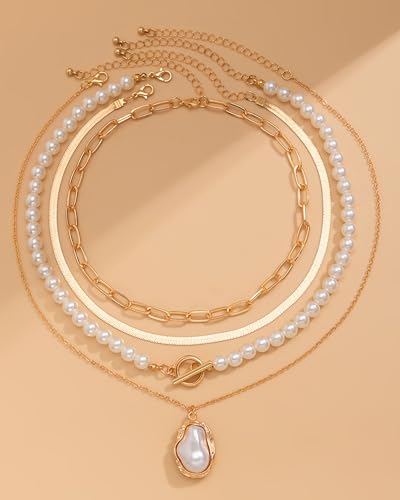 Gold Layered Necklaces for Women Chunky Layered Gold Necklaces Stacked Paperclip Chain Pearl Necklace Herringbone Toggle Clasp Choker Trendy Statement Jewelry Gifts - color: A9:chunky gold necklaces