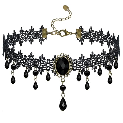 Gothic Black Choker Necklace for Women Adjustable Vintage Goth Velvet Lace Collar Crystal Pendent Necklace Halloween Cosplay Party Prom Costume Jewelry Accessories - color: Black Diamond