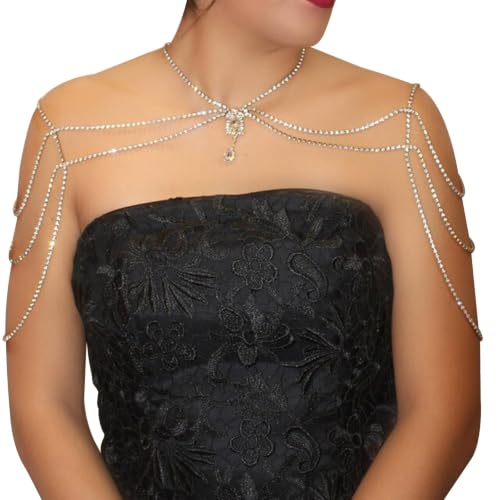 Rhinestone Tassel Shoulder Chain Necklace,Multi-Layered Rhinestone Shoulder Arm Chain Sexy Rave Crystal Fringe Back Chain Bridal Wedding Shoulder Body Jewelry for Women - color: Gold
