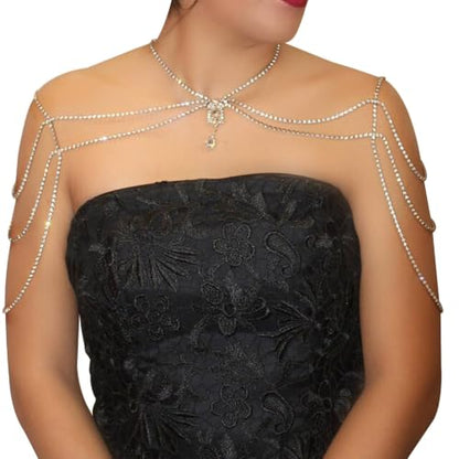 Rhinestone Tassel Shoulder Chain Necklace,Multi-Layered Rhinestone Shoulder Arm Chain Sexy Rave Crystal Fringe Back Chain Bridal Wedding Shoulder Body Jewelry for Women - color: Gold