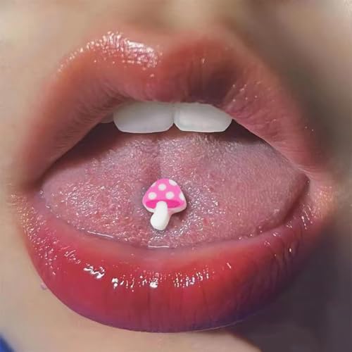 4Pcs Stainless Steel Tongue Rings for Women Cute Pink Heart Mushroom Tai Chi Round CZ Tongue Barbell Studs Cartilage Earrings Dainty Body Piercing Jewelry