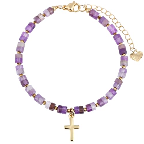 Natural Gemstone Healing Crystal Dainty Charms Bracelet Adjustable Chain Extender Minimalist Jewelry - color: Amethyst + Cross