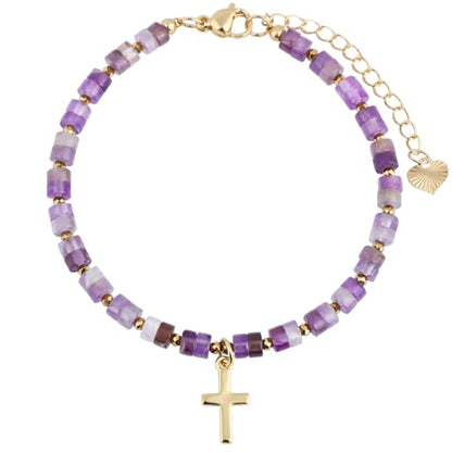 Natural Gemstone Healing Crystal Dainty Charms Bracelet Adjustable Chain Extender Minimalist Jewelry - color: Amethyst + Cross