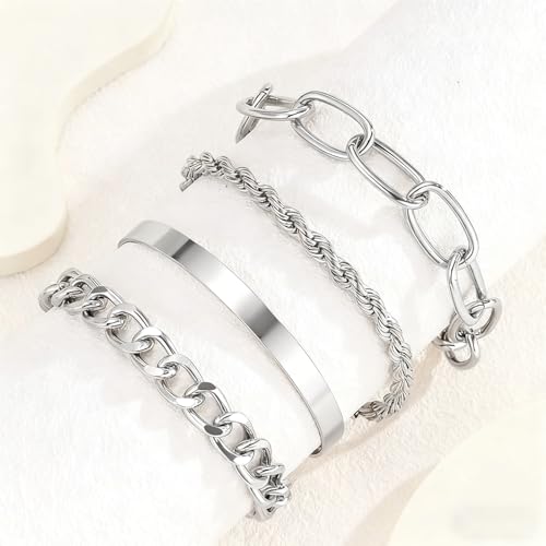 Gold Bracelets for Women, 5 Pcs Non-Tarnish Gold Plated Stackable Bangles with Beaded, Knot, Twisted, Cuff & Chain Designs, Everyday Jewelry Gifts - color: Silver-4pcs