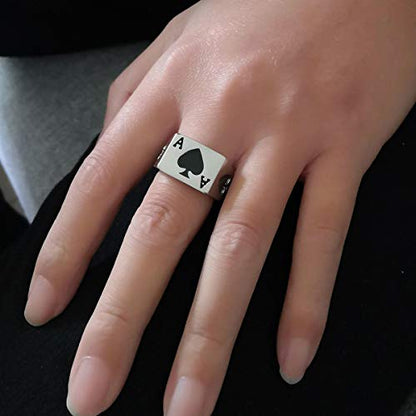 Men's Stainless Steel Square Biker Signet Ring, Black Silver Gold Styles | plain flat top, polished and brushed finish options, chunky profile, pinky or thumb styling, gift-ready for dad or him - color: Spade Ace