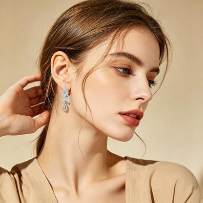 Gemsme Bridal Wedding Earrings for Brides Bridesmaides, 925 Sterling Silver Posts hypoallergenic Cubic Zirconia stud,Drop & Dangle Earrings for Women Jewelry Gifts - color: White - Leaf Shape