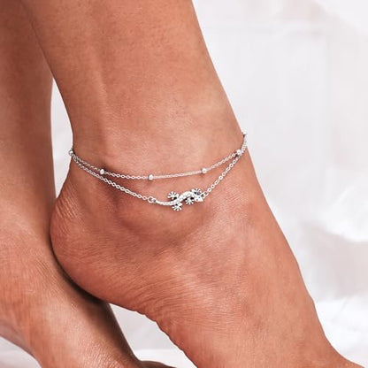 CHIC & ARTSY 925 Sterling Silver Ankle Bracelets for Women, Adjustable Layered Foot Chains with Nature & Symbol Charms, Lightweight Comfort Fit Boho Beach Everyday Jewelry - color: 2# Geckos Anklet