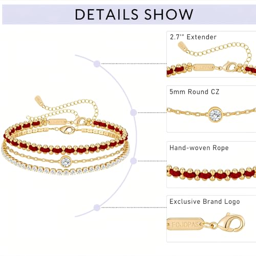 14K Gold Plated Bracelets for Women 2 Pcs Set - Red String & Cubic Zirconia Tennis Bracelet, Layered Stackable Adjustable Wristbands, Hypoallergenic Handmade Jewelry Gifts for Mom Wife Her - color: red string