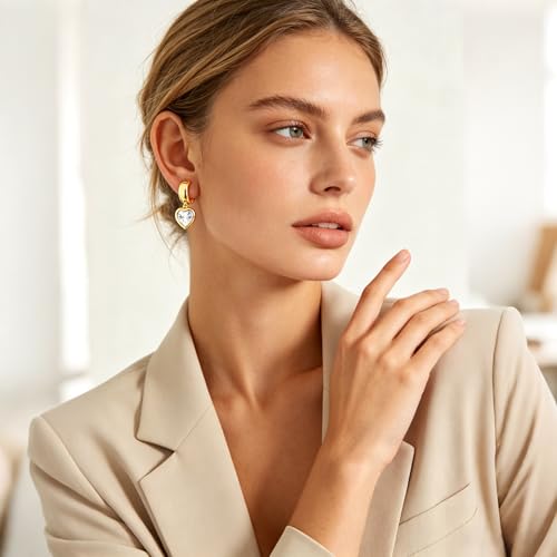 Gold Huggie Earrings for Women Chunky Hoop with Heart Crystal Dangle 14K Gold Plated Statement Drop Earrings Trendy Jewelry for Her