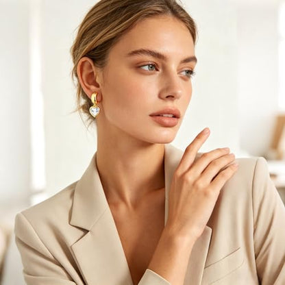Gold Huggie Earrings for Women Chunky Hoop with Heart Crystal Dangle 14K Gold Plated Statement Drop Earrings Trendy Jewelry for Her