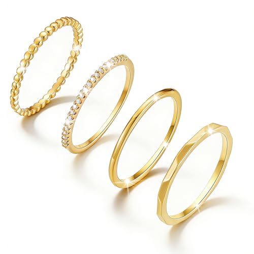 Lunvky Silver Stacking Rings for Women 14K Gold Plated Ring Non Tarnish Thin Trendy Stackable Dainty Cubic Zirconia Finger Pinky Thumb Wedding Band Rings Set Jewelry Gifts Size 5-10 - color: A-Gold, size: 6