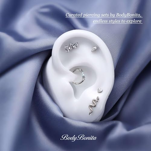 G23 Titanium 16G Tragus Conch Piercing Jewelry Flat Back Stud Earrings | Hypoallergenic CZ Nose Dangle Helix Medusa Lip Labret Body Piercing Jewelry, 14K Gold Plated, Silver, 6 and 8 mm Post Length - color: Trinity Sparkle-Titanium