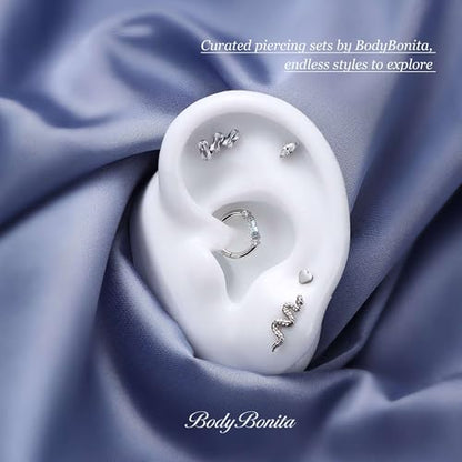 G23 Titanium 16G Tragus Conch Piercing Jewelry Flat Back Stud Earrings | Hypoallergenic CZ Nose Dangle Helix Medusa Lip Labret Body Piercing Jewelry, 14K Gold Plated, Silver, 6 and 8 mm Post Length - color: Trinity Sparkle-Titanium