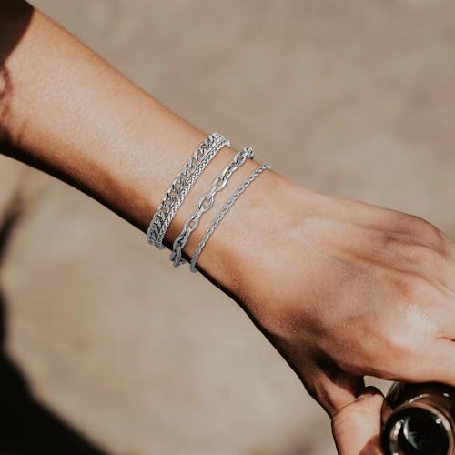 8Pcs Stainless Steel Bracelets for Men Women Sturdy Cuban Link Bracelet Curb Rope Figaro Paperclip Chain Bracelets Set Jewelry Gifts for Men, 6.9/7.5/8.3/9 Inches - color: Silver