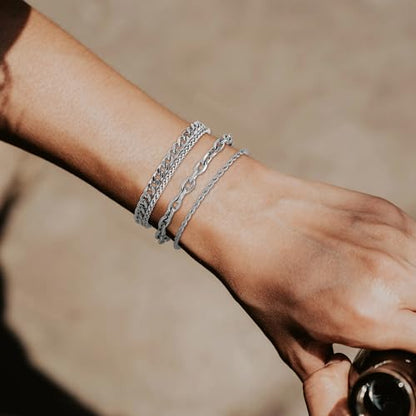 8Pcs Stainless Steel Bracelets for Men Women Sturdy Cuban Link Bracelet Curb Rope Figaro Paperclip Chain Bracelets Set Jewelry Gifts for Men, 6.9/7.5/8.3/9 Inches - color: Silver