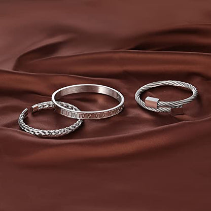 WFYOU 3PCS Stainless Steel Imperial Crown Bracelets for Men Gold Roman Numeral Bangle Bracelet Adjustable Cuff Bracelet Mens Luxury Jewelry Gifts - style: 09:Silver- Square