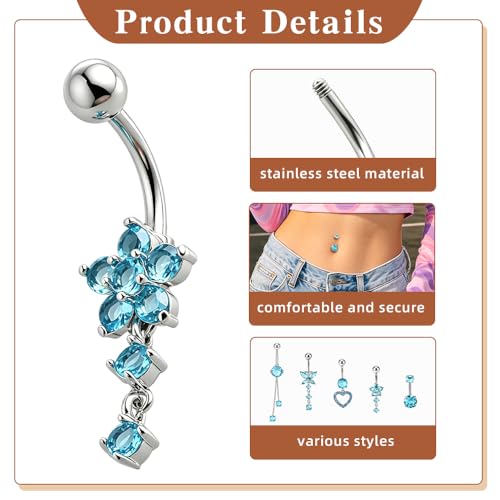 Belly Button Ring Dangle Navel Belly Piercing Jewelry with Cute Heart Butterfly Bow Flower Fake Floating Bellys Buttons Ring for Women Stainless Steel Dainty Dangly Bellys Button Piercing - color: Silver with Blue