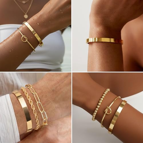 PLOMFOV Gold Bracelets for Women Stack Non Tarnish 14K Gold Plated Chunky Gold Bangles Bracelet Set Beaded Paperclip Chain Cuban Link Dainty Trendy Waterproof Stackable Cuff Bracelets Jewelry Gifts for Women - color: 5Pcs Gold-Bead Set