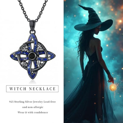 Witch Necklace 925 Sterling Silver Pentagram Triple Moon Pentacle Pendant Wiccan Pagan Jewelry Witchy Gifts for Women - style: Witches Knot-Lapis Lazuli
