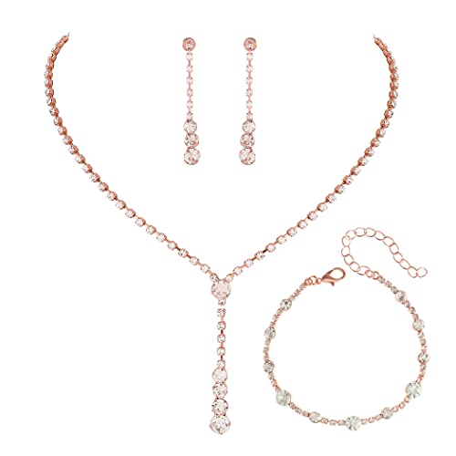 Bride Silver Bridal Necklace Earrings Set Crystal Wedding Jewelry Set Rhinestone Choker Necklace for Women and Brides - color: E Rose Gold