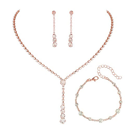 Bride Silver Bridal Necklace Earrings Set Crystal Wedding Jewelry Set Rhinestone Choker Necklace for Women and Brides - color: E Rose Gold