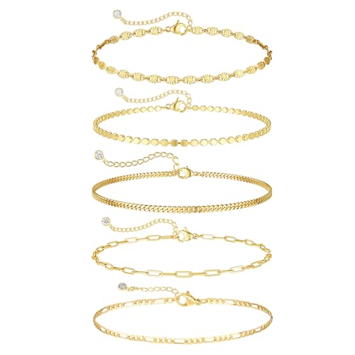 Cuzmly Bracelets for Women, Waterproof 14K Gold/Silver Plated Stackable Bracelets for Women Non Tarnish Trendy Dainty Paperclip Figaro Box Herringbone Hand Chain Bracelet Pack Stack Adjustable Jewelry for Women - style: 5 Dot