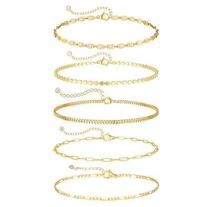 Cuzmly Bracelets for Women, Waterproof 14K Gold/Silver Plated Stackable Bracelets for Women Non Tarnish Trendy Dainty Paperclip Figaro Box Herringbone Hand Chain Bracelet Pack Stack Adjustable Jewelry for Women - style: 5 Dot