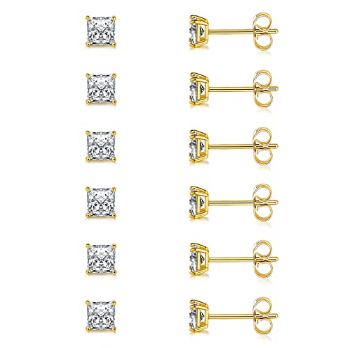 Stud Earring Set for Women Men 18K Yellow/White Gold Plated Princess Cut 4 Prong Graduated Square Clear Cubic Zirconia Pakc of 6 Pairs 3-7mm - color: Yellow gold-3mm-6 pairs