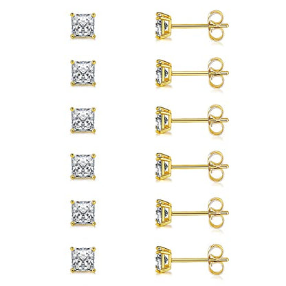 Stud Earring Set for Women Men 18K Yellow/White Gold Plated Princess Cut 4 Prong Graduated Square Clear Cubic Zirconia Pakc of 6 Pairs 3-7mm - color: Yellow gold-3mm-6 pairs