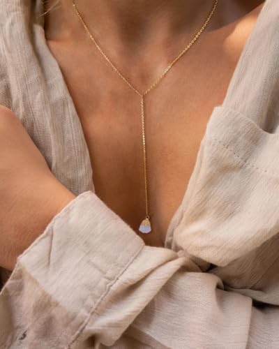 Lariat Necklace for Women Dainty Gold Long Crystal Drop Y-Shaped Necklace | 14k Gold Plated Crystal Drop Necklace Trendy Non Tarnish Simple Gold Jewelry For Wedding, Prom, Daily - color: Clear Quartz
