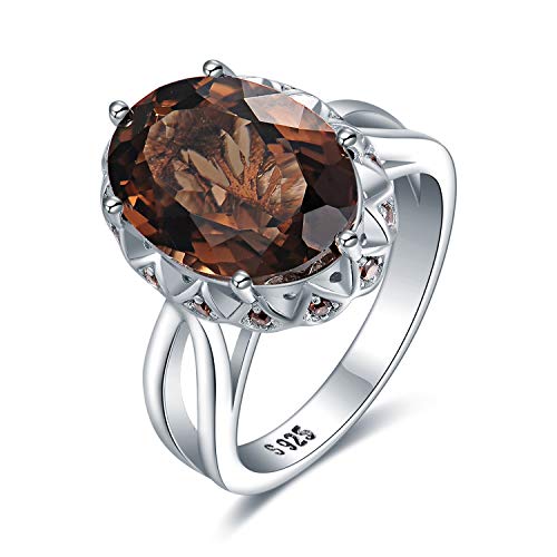 JewelryPalace Huge Oval Shape 5.7ct Genuine Smoky Quartz Cocktail Rings for Her, 14K White Yellow Rose Gold Plated 925 Sterling Silver Ring for Women, Natural Gemstone Jewelry Sets Rings - color: 1-Sterling Silver