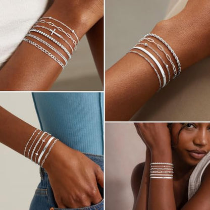 M MOOHAM Gold Bracelets Set for Women No Tarnish | 14K Gold Plated, Dainty Stackable Bracelets Stack for Women, Herringbone Paperclip Rope Cuban Chain Bracelet Set Stack - color: 2.Rope CZ Snake Set-S
