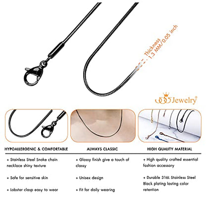 555Jewelry 1.2mm Stainless Steel Snake Chain Necklace for Men & Women, 16-28 Inch - color: Black