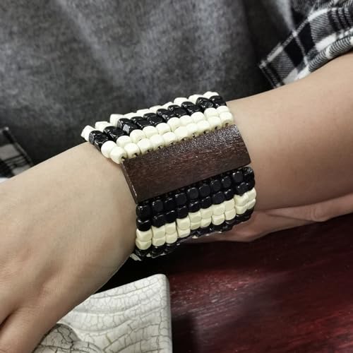 Caiyao Bohemian Wooden Beaded Stretch Bracelet Wide Chunky Bangle Beads Jewelry Wood Elastic Wristband for Women-Brown - style: 00A