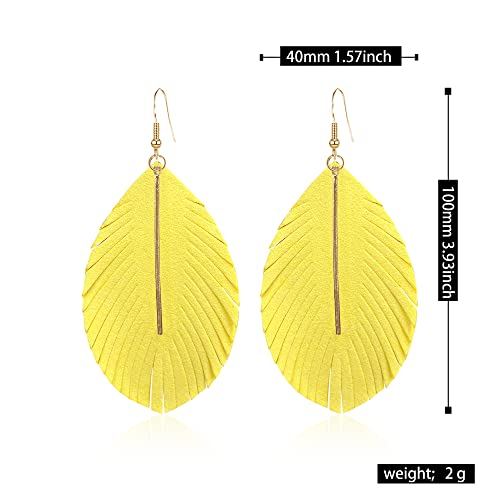 YUNXI Large Genuine Soft Leather Handmade Fringe Feather Lightweight Leaf with Simple Drop Metal Bar Tear Drop Dangle Color Earrings for Women - color: Light Yellow